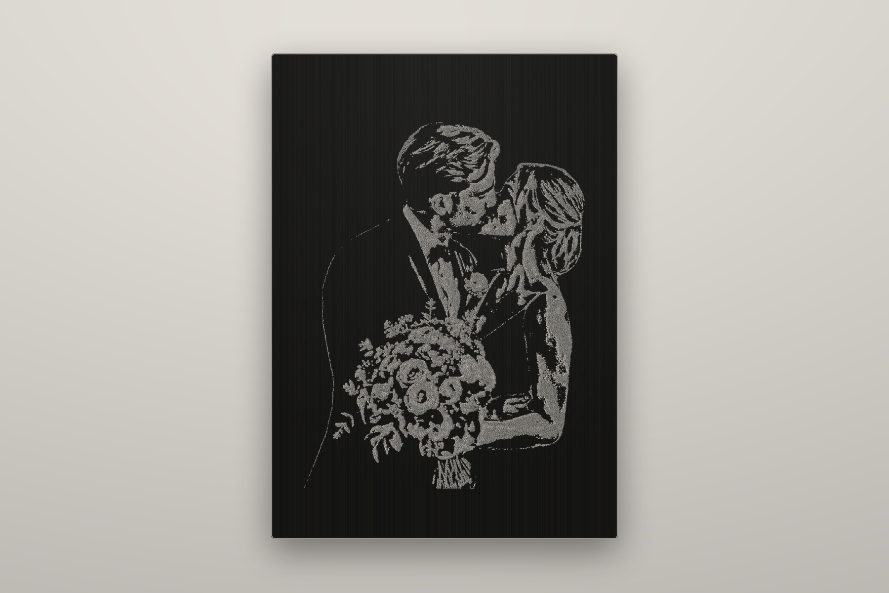 The portrait in anodised black steel