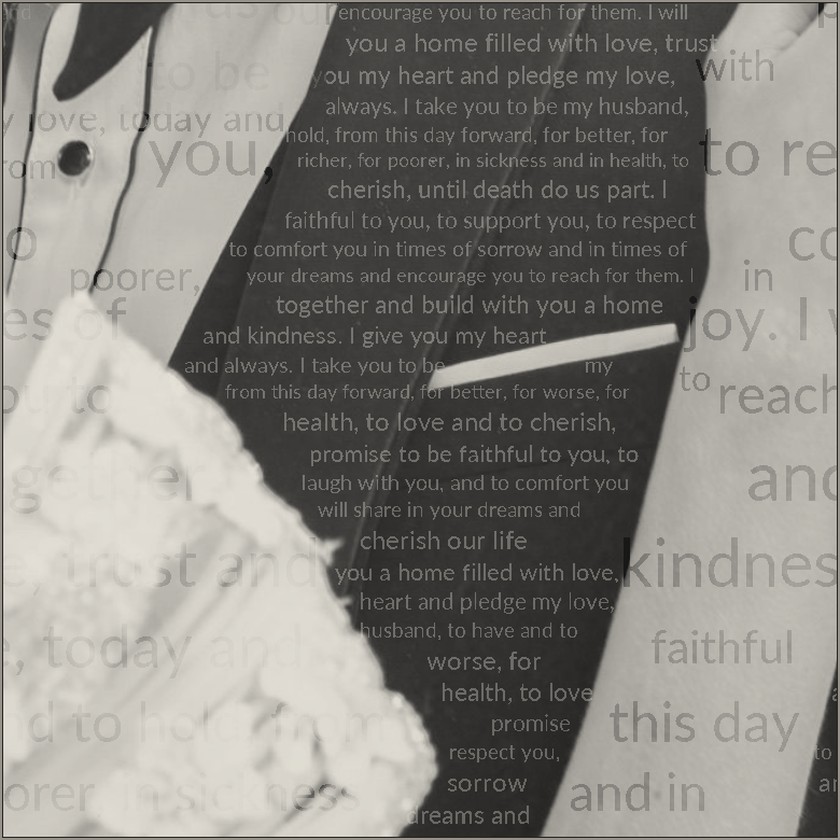 Close up: the vows set into the photograph's own tone